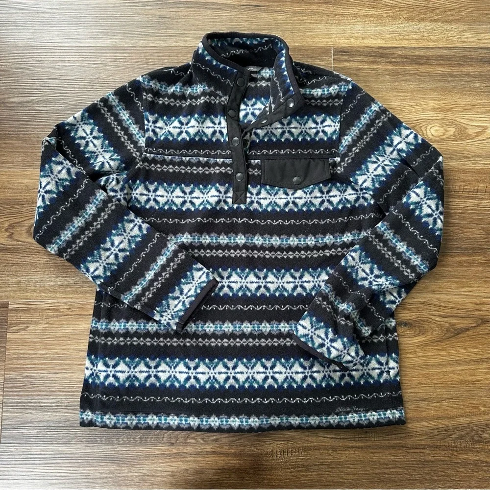 Womens Medium‎ Eddie Bauer Navy Fair Isle Fleece Pullover Snap Buttons Pockets